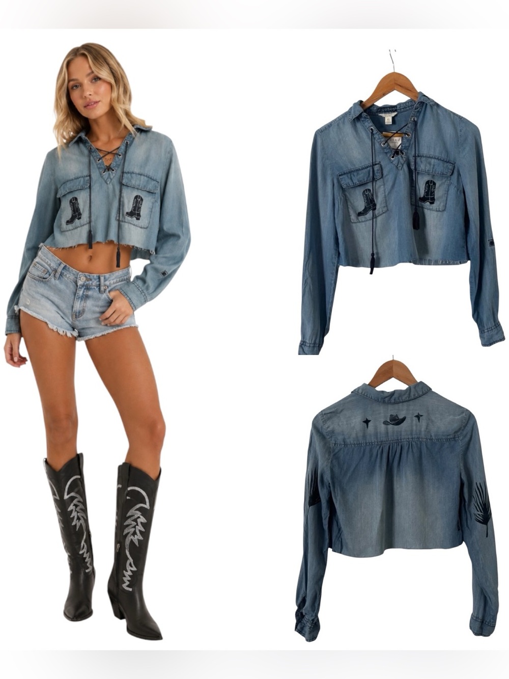 Rooted Cropped Embroidered Western Button Down